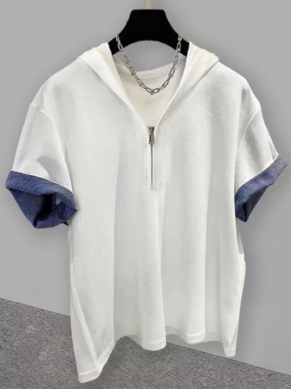 STOCK-Half-Zip Hooded Stitching Summer T-Shirt