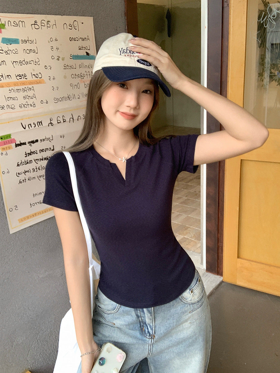 Solid Color Slim Bamboo Texture T-Shirt Women Summer