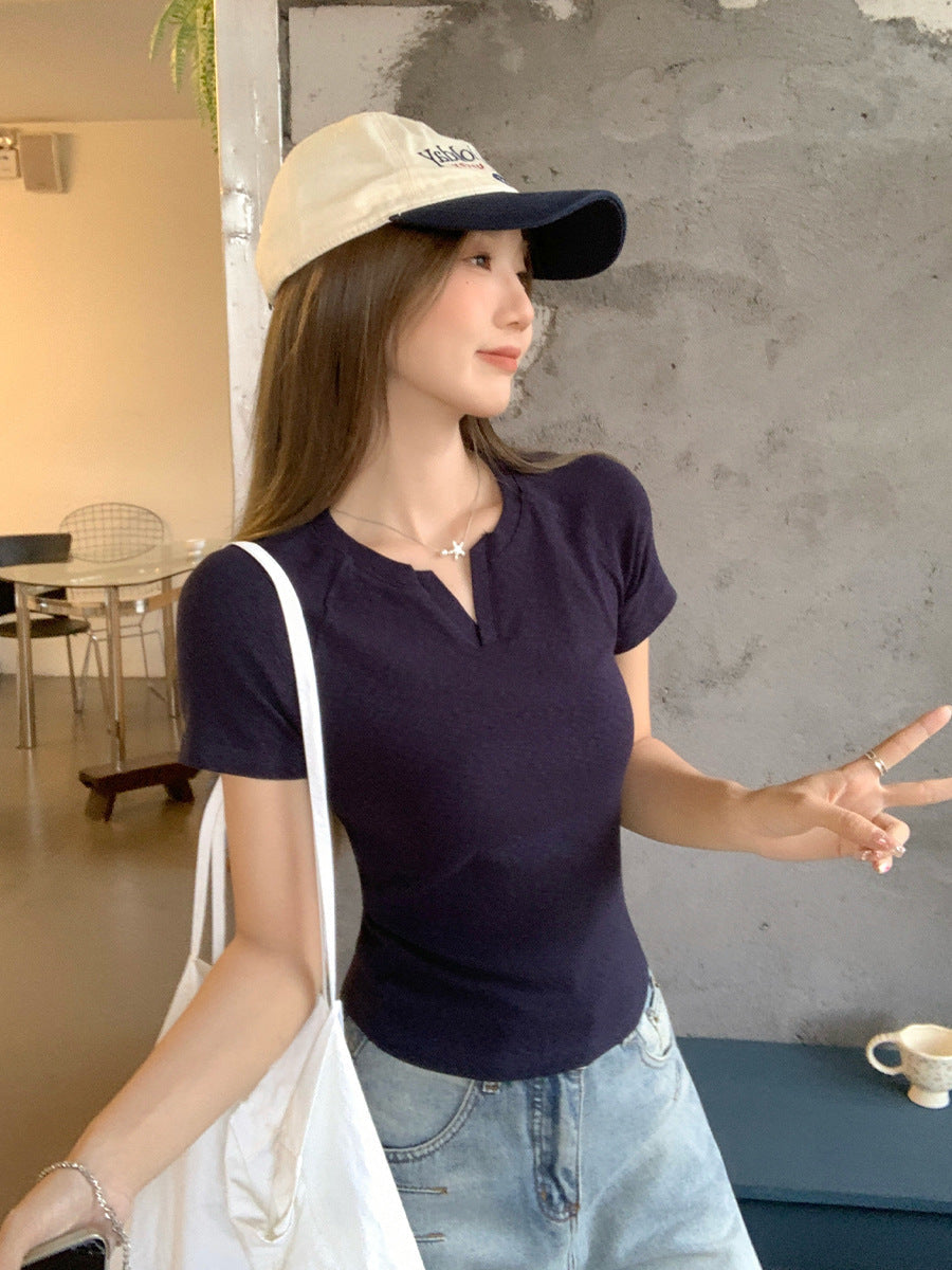 Solid Color Slim Bamboo Texture T-Shirt Women Summer