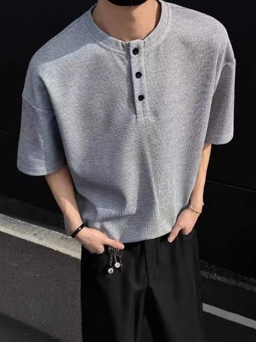 Henry Collar Waffle Knit Loose Summer T-Shirt