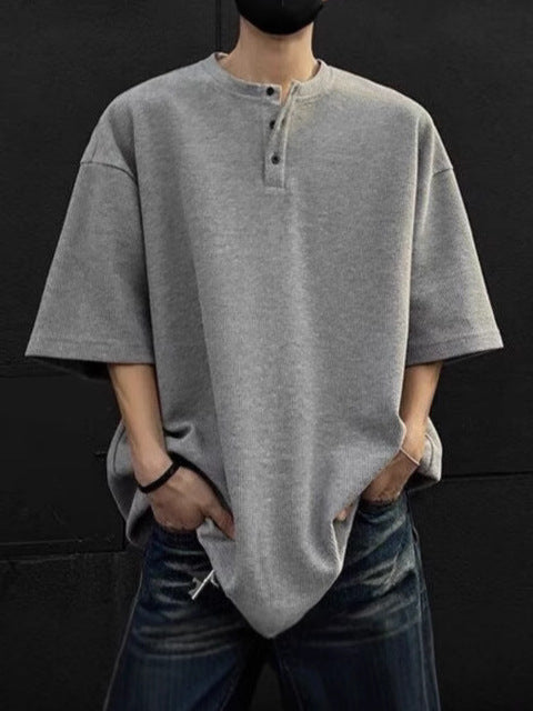 Henry Collar Waffle Knit Loose Summer T-Shirt