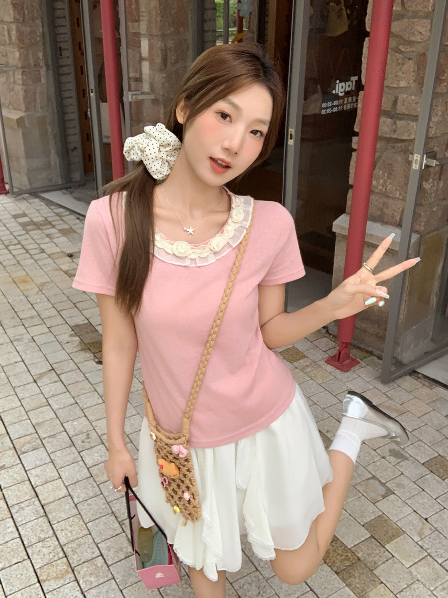 Pink Flower Right Shoulder T-Shirt Women Summer
