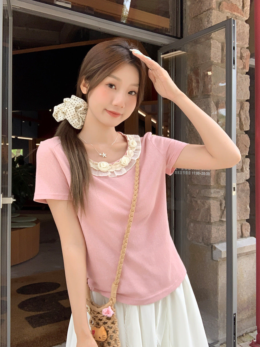 Pink Flower Right Shoulder T-Shirt Women Summer