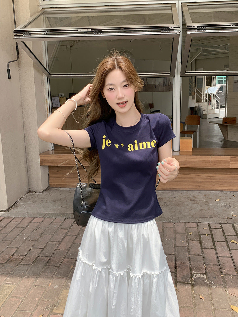 Korean Letter Print Cotton T-Shirt Women Summer