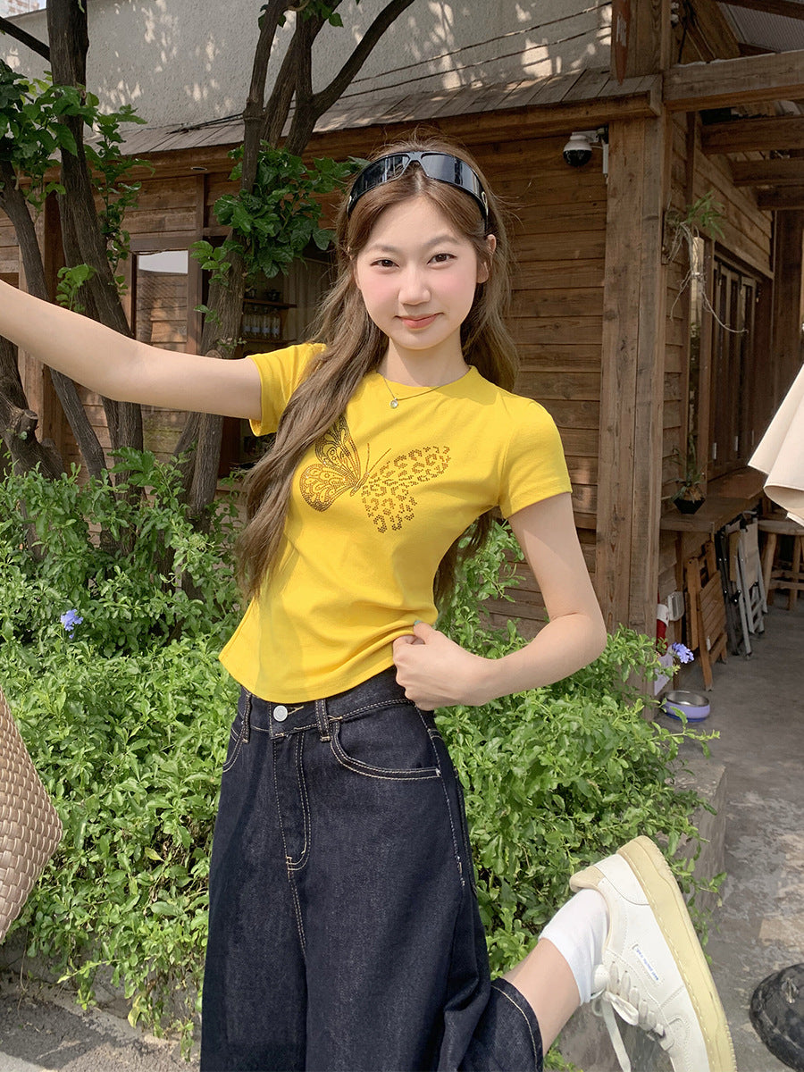 Yellow Rhinestone Round Neck Slim T-Shirt Women