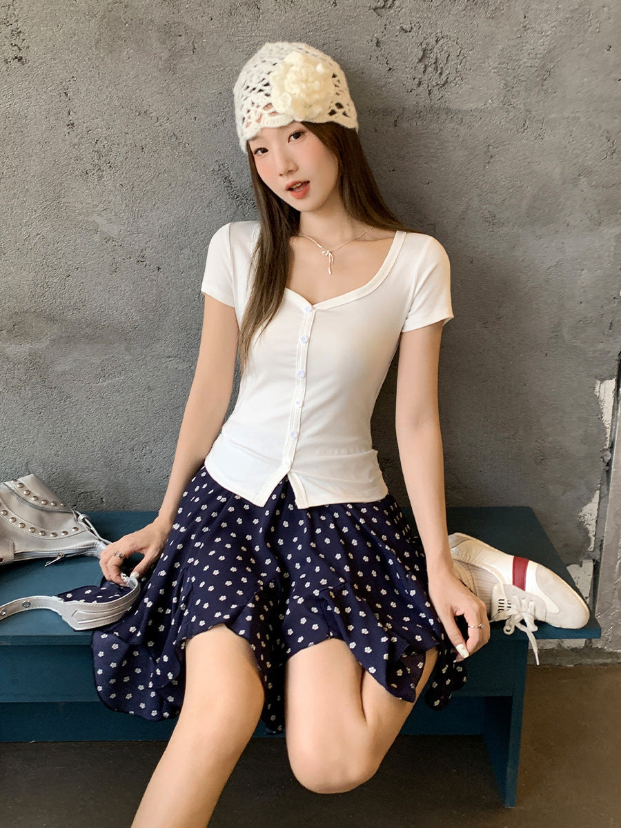 Korean Button Half Collar Slim T-Shirt Women Summer