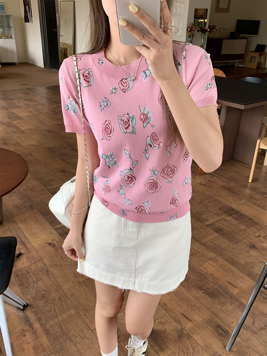 Korean Floral Knit Slim Fit Summer Top for Women