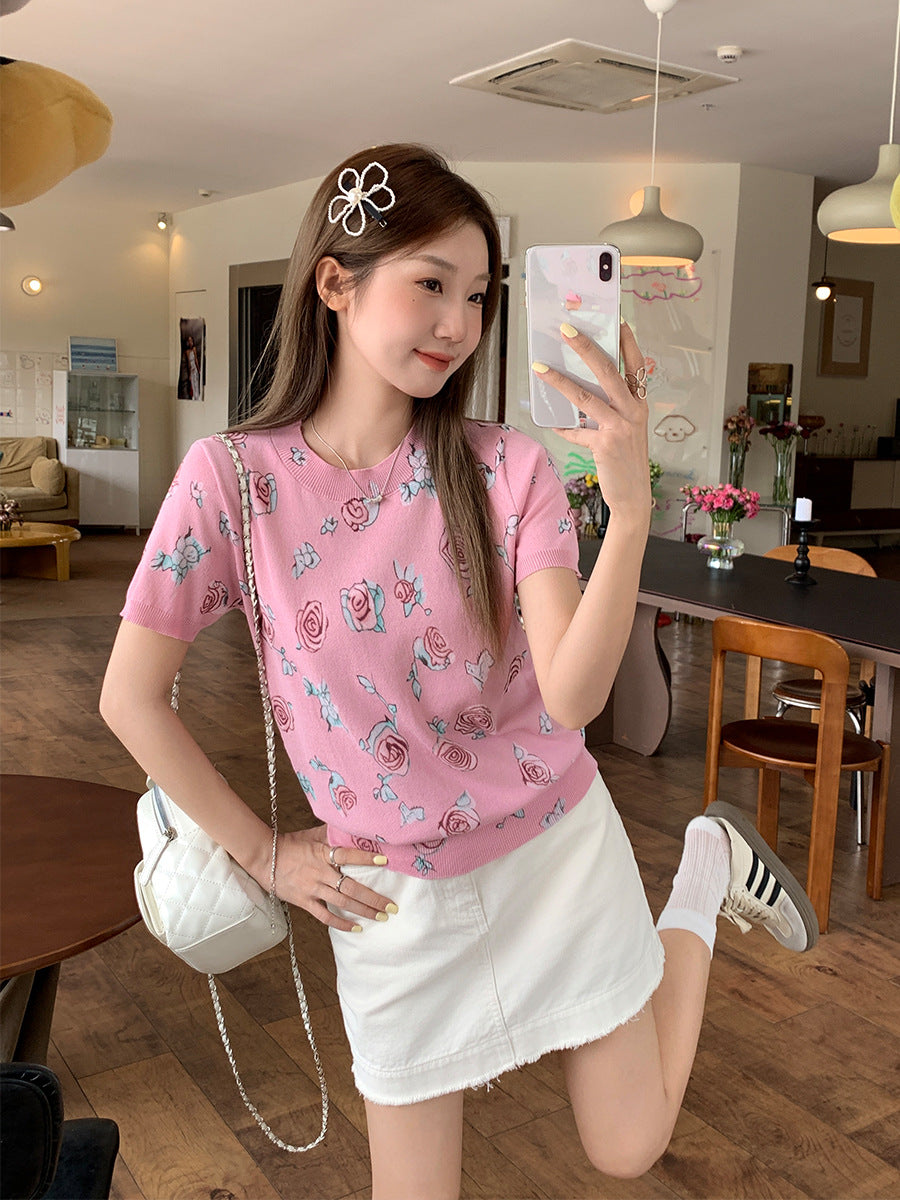 Korean Floral Knit Slim Fit Summer Top for Women