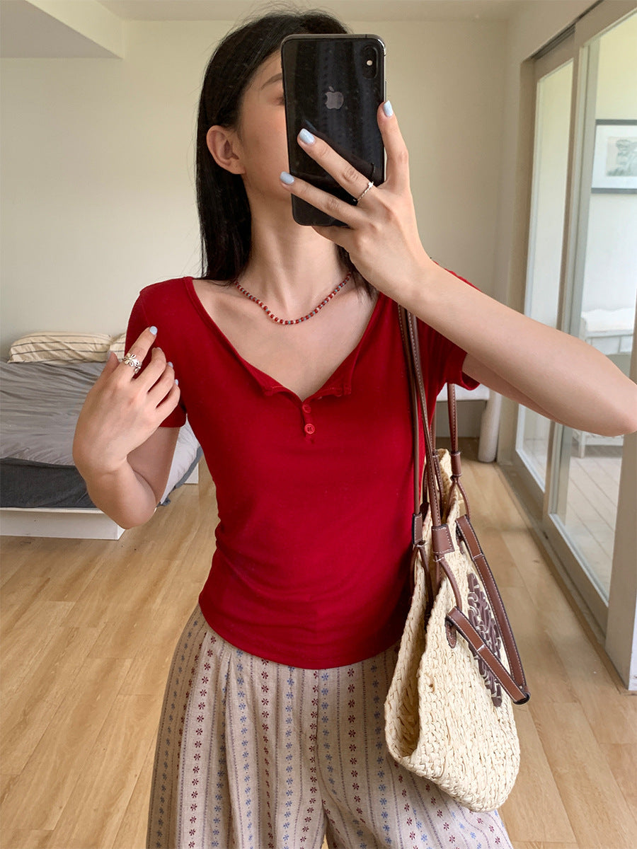 Red Button Slim Fit Crop Top for Women Summer 2026
