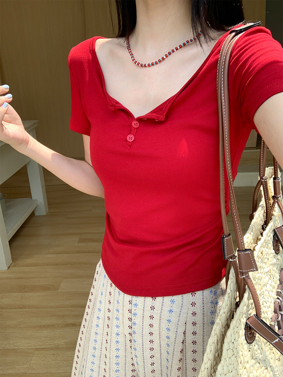 Red Button Slim Fit Crop Top for Women Summer 2026