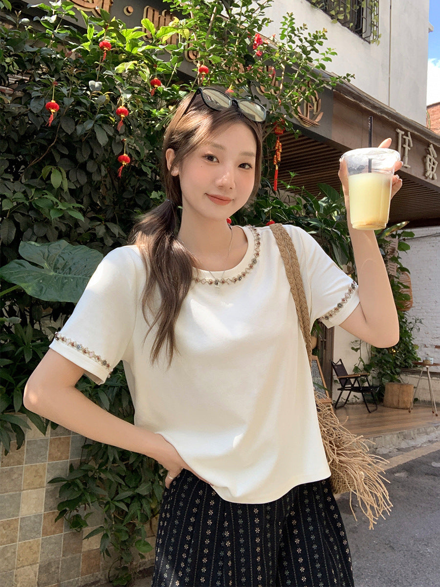 Beaded Round Neck Chic T-Shirt for Women Summer
