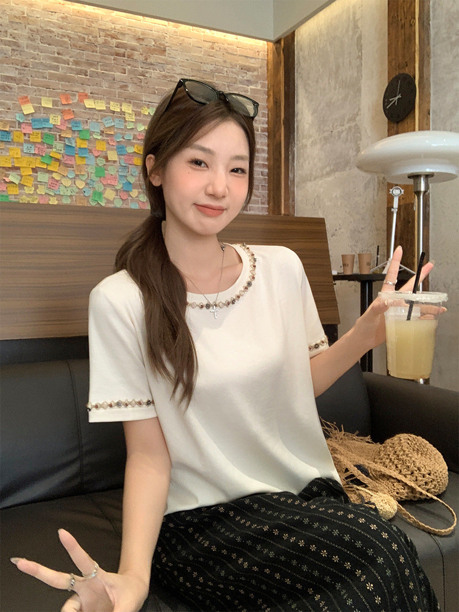 Beaded Round Neck Chic T-Shirt for Women Summer