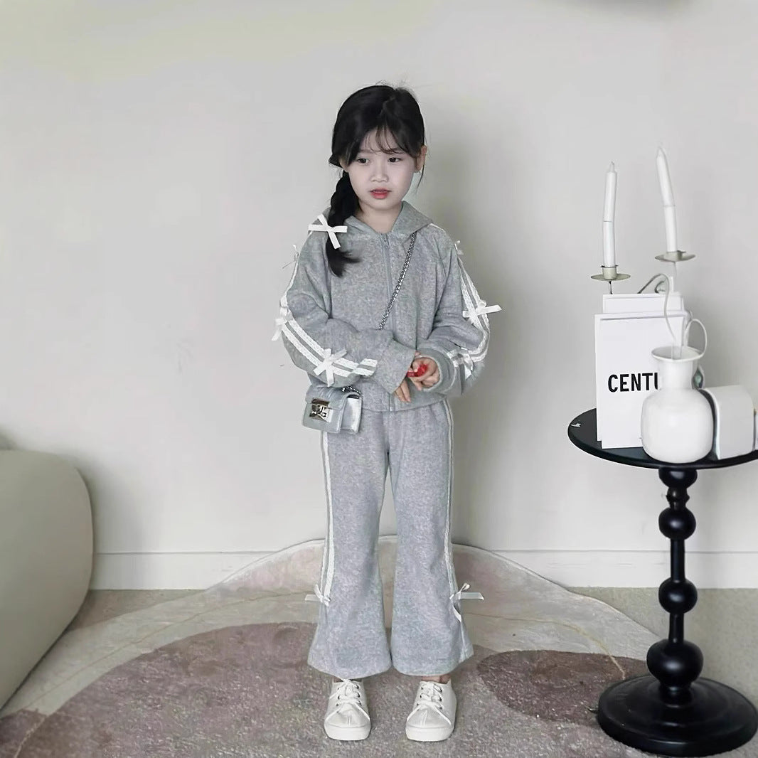 Kids 2025 Autumn Gray Hooded Sweater & Flared Pants – Spring Autumn Kids Fashion Nepal | Tudoholic