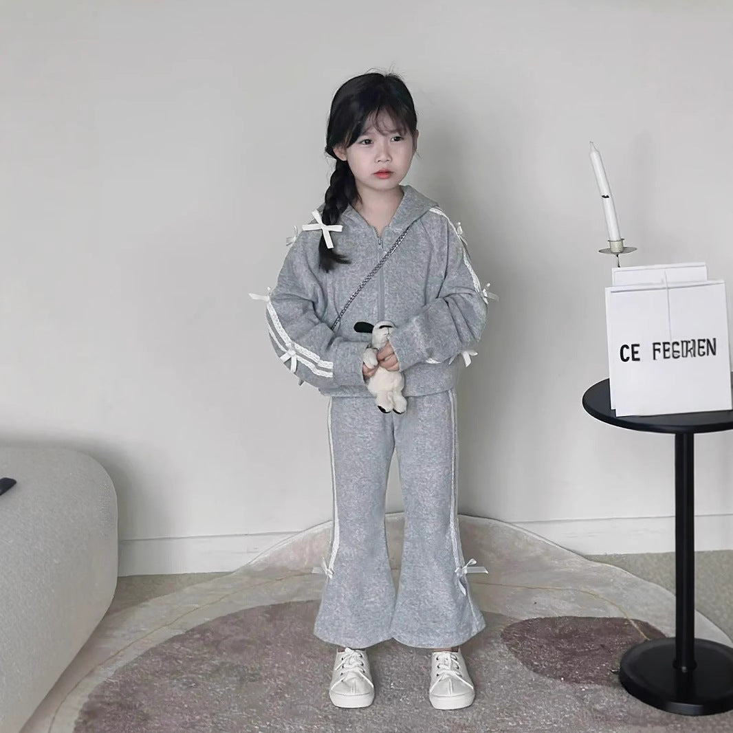 Kids 2025 Autumn Gray Hooded Sweater & Flared Pants – Spring Autumn Kids Fashion Nepal | Tudoholic