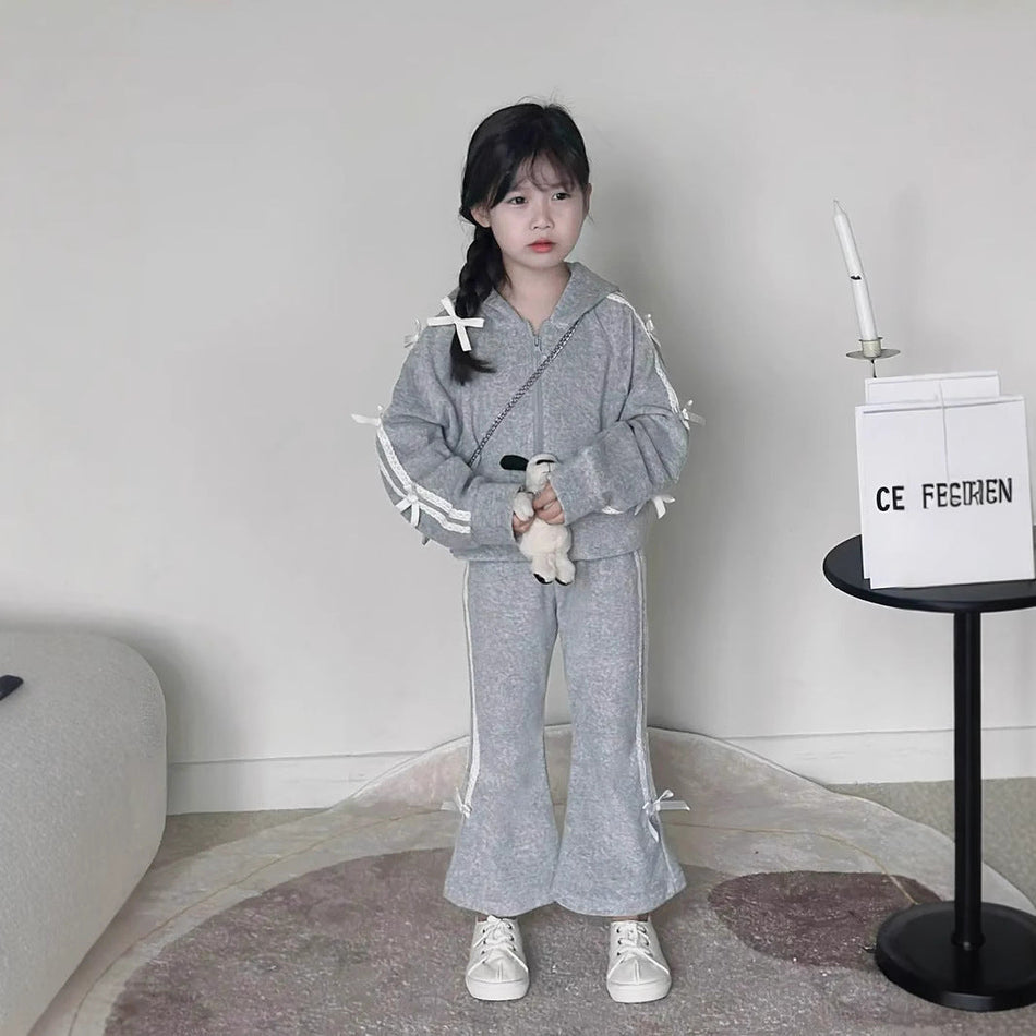 Kids 2025 Autumn Gray Hooded Sweater & Flared Pants – Spring Autumn Kids Fashion Nepal | Tudoholic
