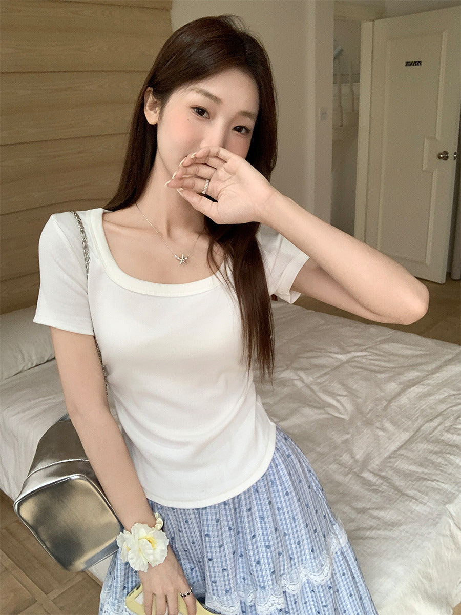 White Square Neck Ruched Slim Crop Top for Women
