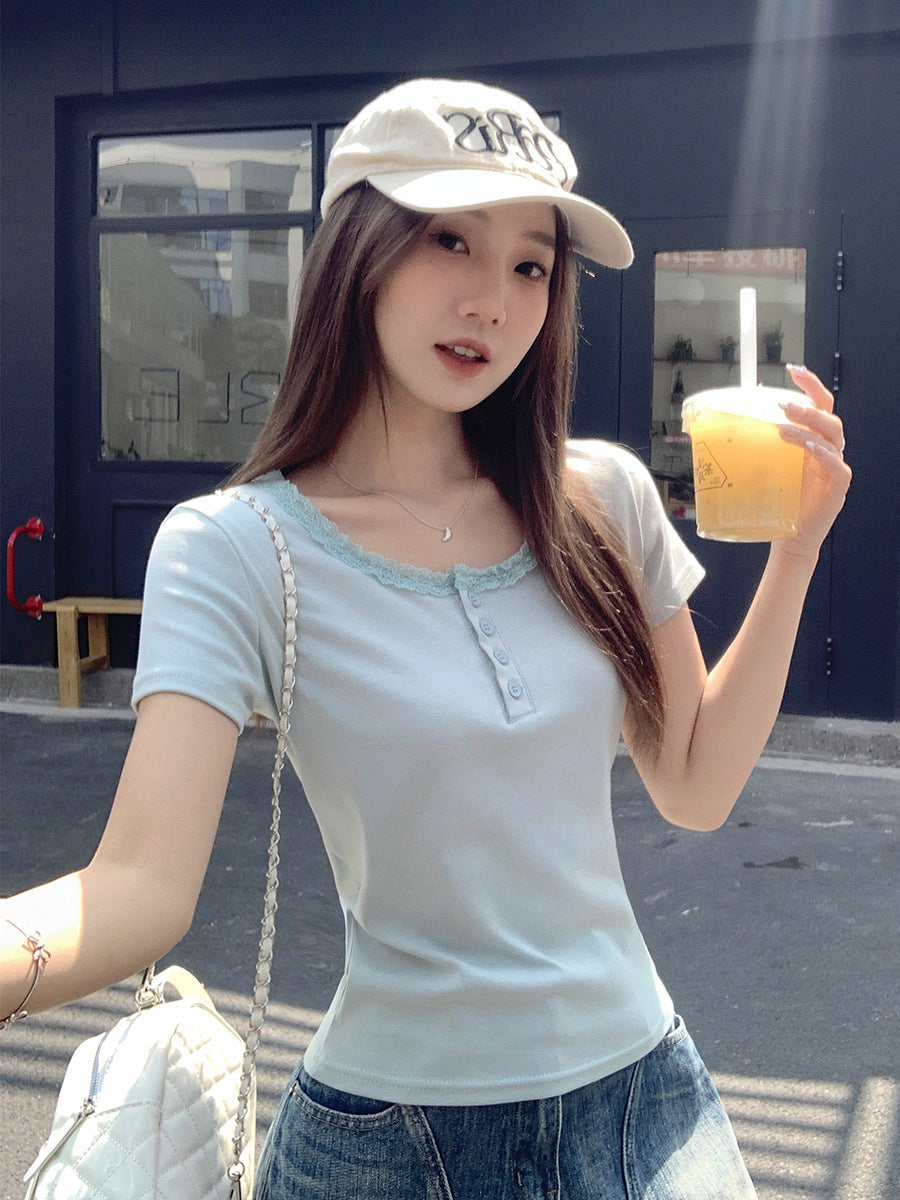 Lace U-Neck Slim Fit Button T-Shirt for Women