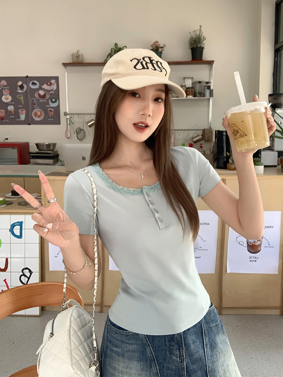 Lace U-Neck Slim Fit Button T-Shirt for Women