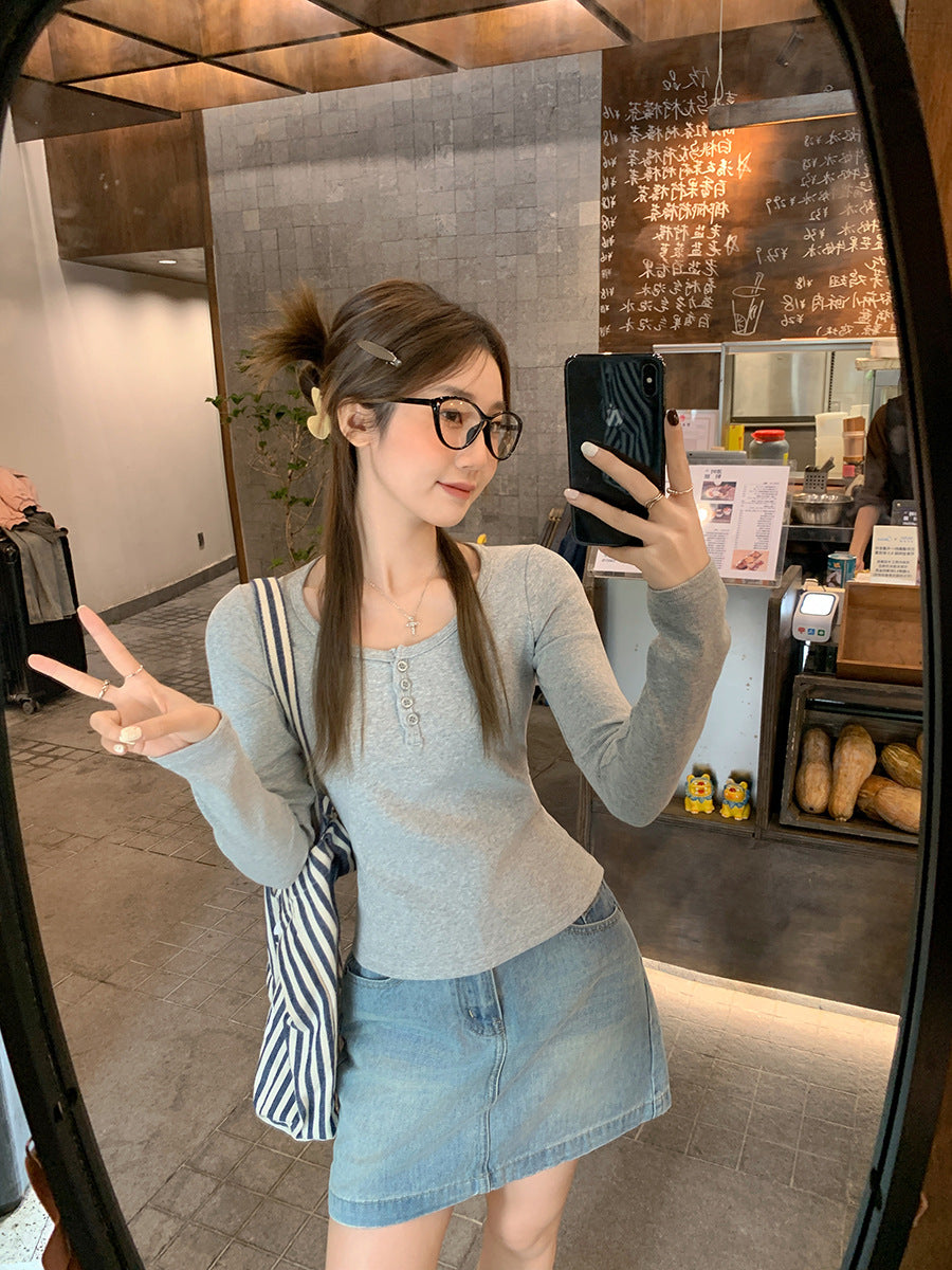 Gray Off Shoulder Button Long Sleeve Top for Women