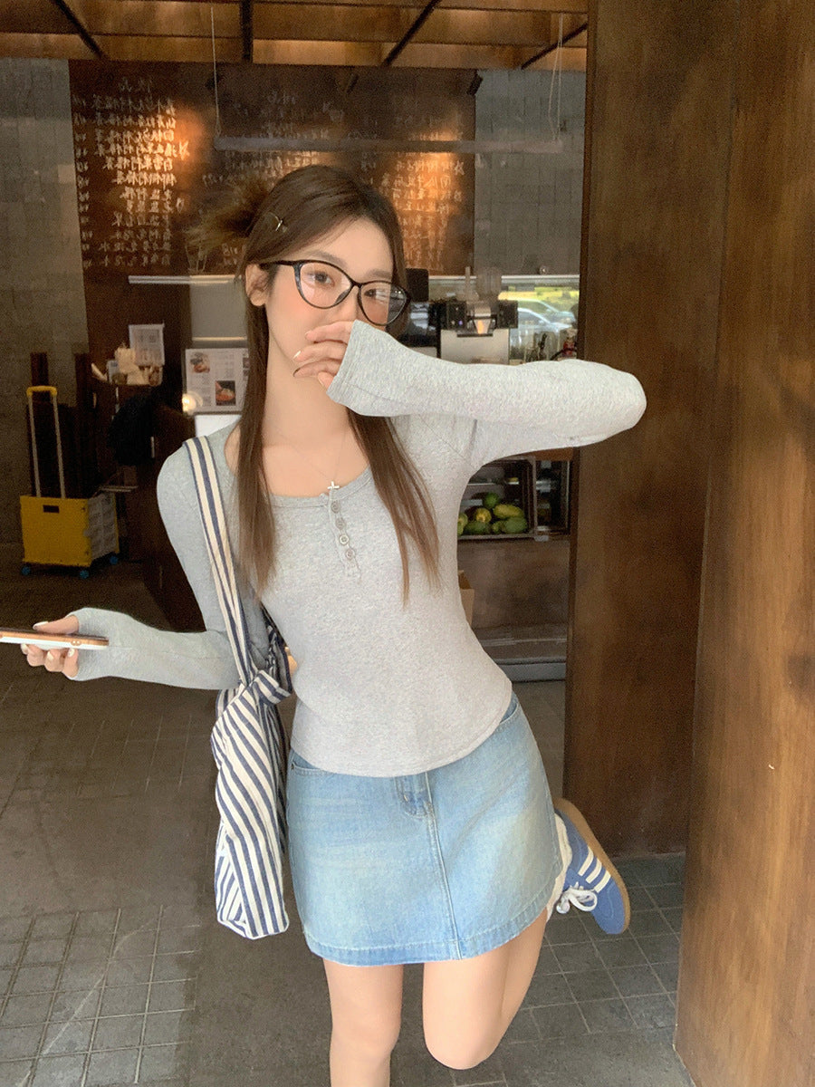 Gray Off Shoulder Button Long Sleeve Top for Women