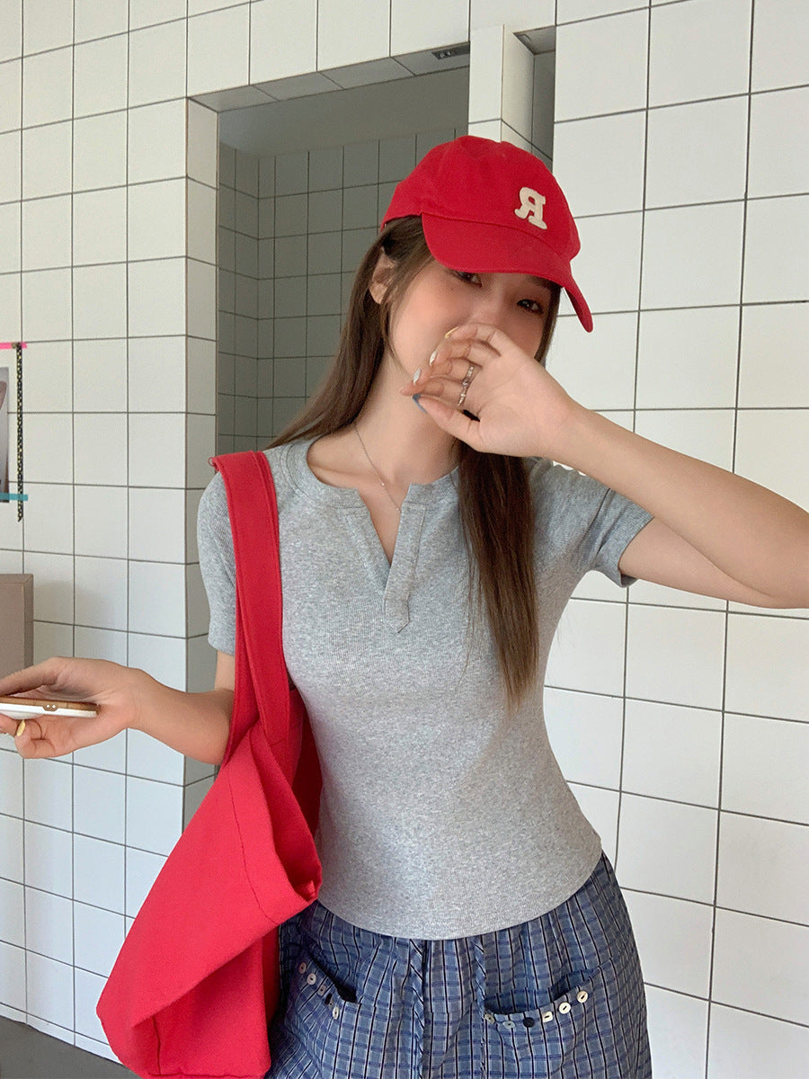 Semi Open Collar Button T-Shirt for Women Summer