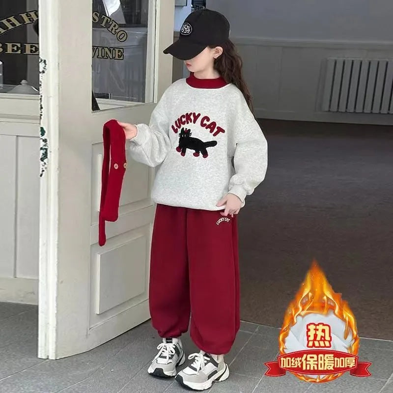 Girls 2024 Fleece-Lined Autumn-Winter Two-Piece Set – Winter Kids Fashion Nepal | Tudoholic