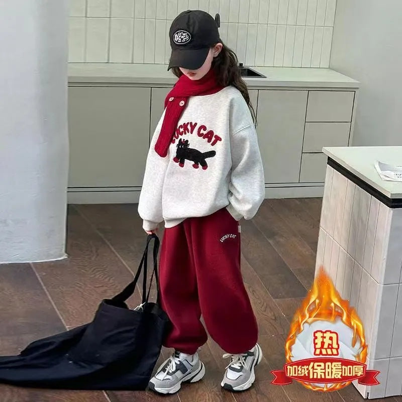 Girls 2024 Fleece-Lined Autumn-Winter Two-Piece Set – Winter Kids Fashion Nepal | Tudoholic