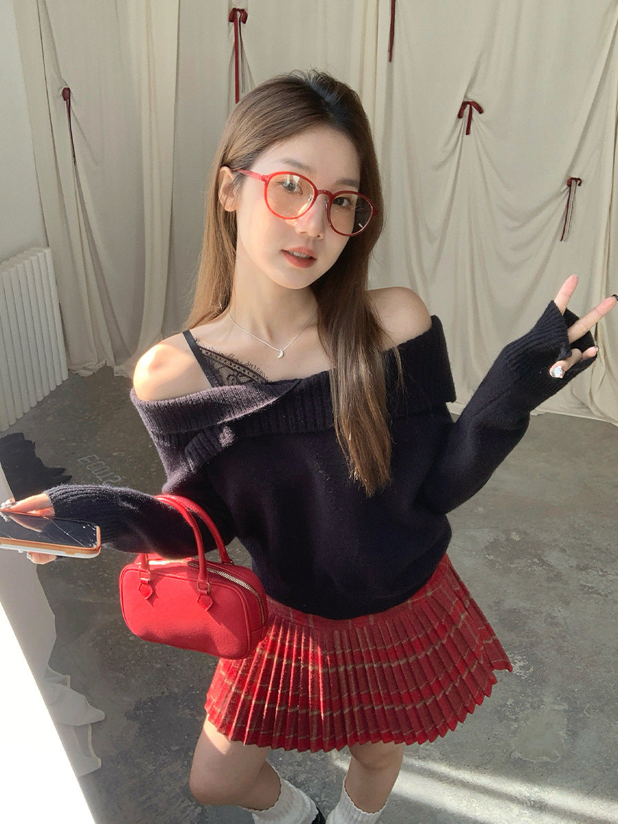 Lace Shoulder Knit Sweater for Women Autumn Winter