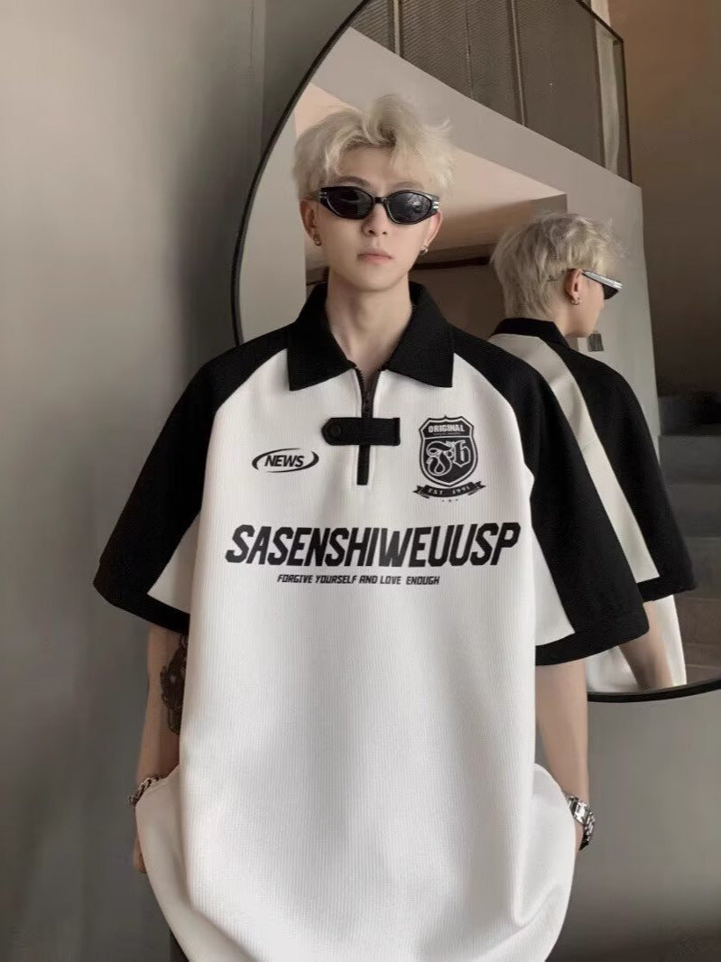 Contrast Stitch Polo Retro Loose T-Shirt