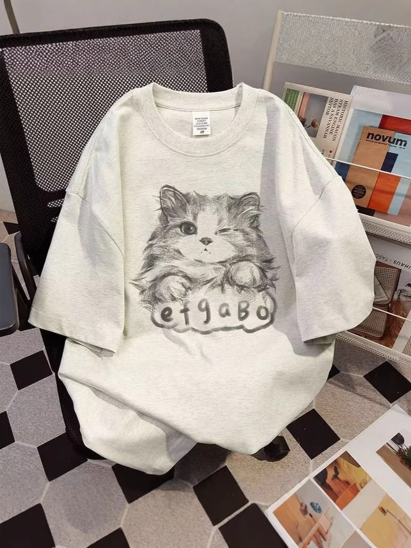 White Cat Print Couple Loose Summer T-Shirt
