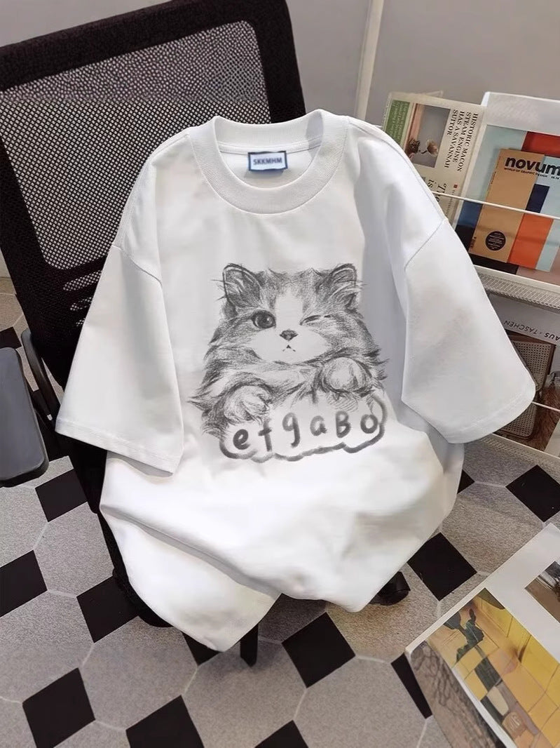 White Cat Print Couple Loose Summer T-Shirt