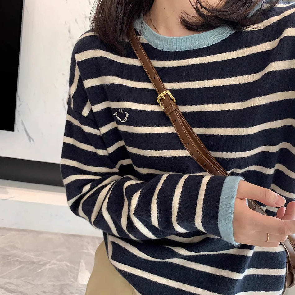 Black Blue Stripe Smiley Sweater for Women Autumn