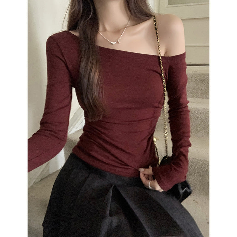 Wine Red Off Shoulder Pleated Slim Top for Women