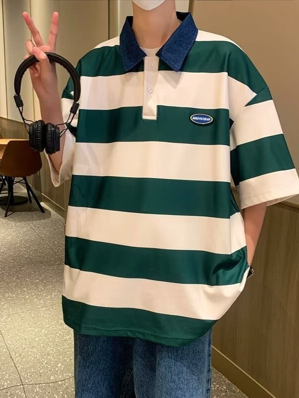 Japanese Striped Polo Summer Loose T-Shirt
