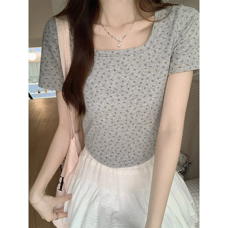 Floral Square Neck Slim Fit T-Shirt for Women Summer