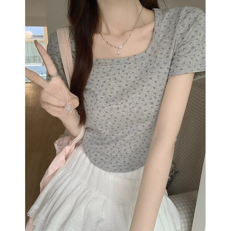 Floral Square Neck Slim Fit T-Shirt for Women Summer