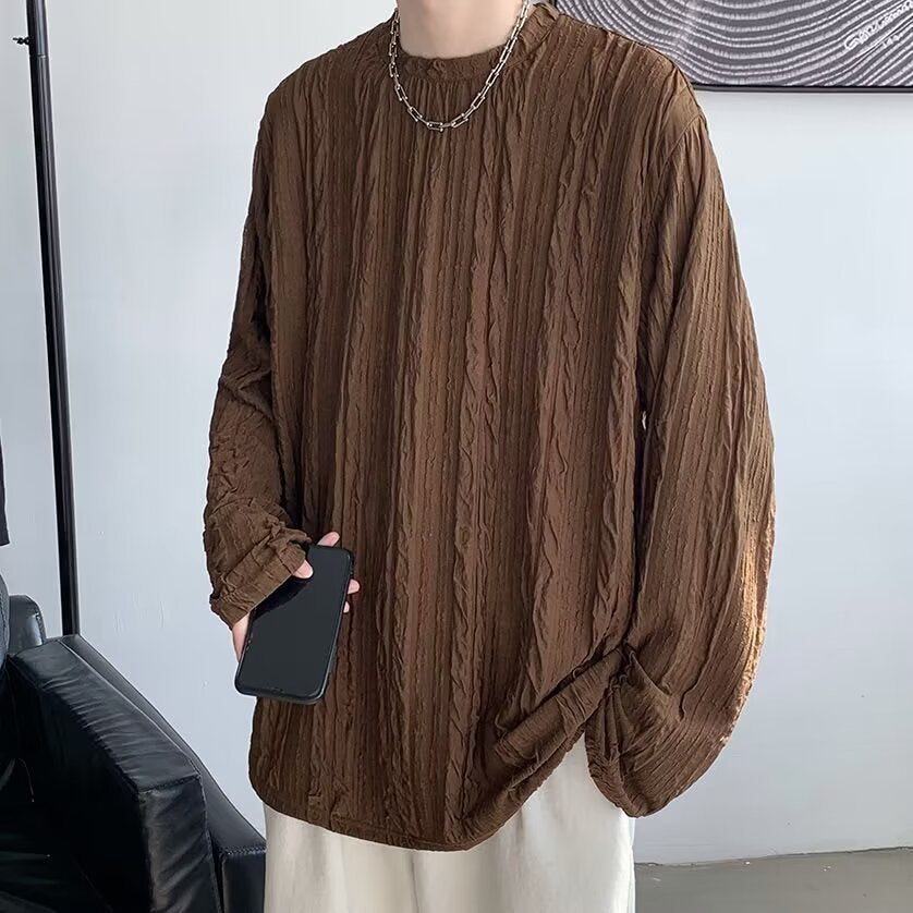 Brown Textured Pleated Draped Long Sleeve T-Shirt