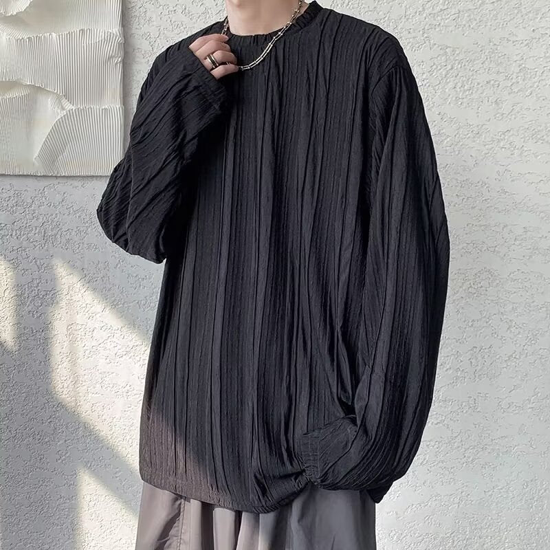 Brown Textured Pleated Draped Long Sleeve T-Shirt