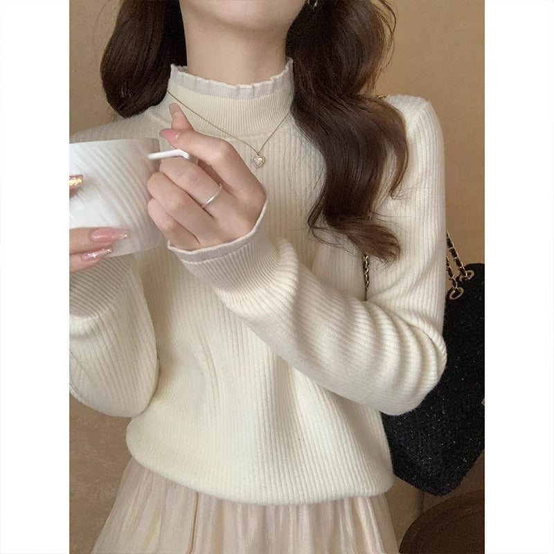 French Lace Velvet Half Turtleneck Sweater for Women