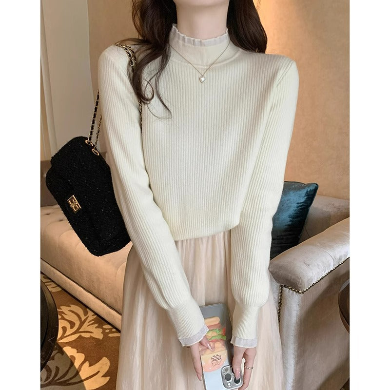 French Lace Velvet Half Turtleneck Sweater for Women