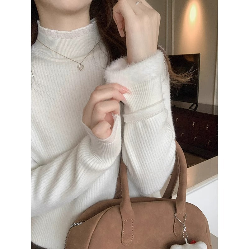 White Lace Fleece Turtleneck Sweater for Women