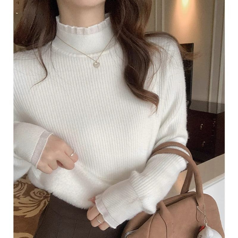 White Lace Fleece Turtleneck Sweater for Women