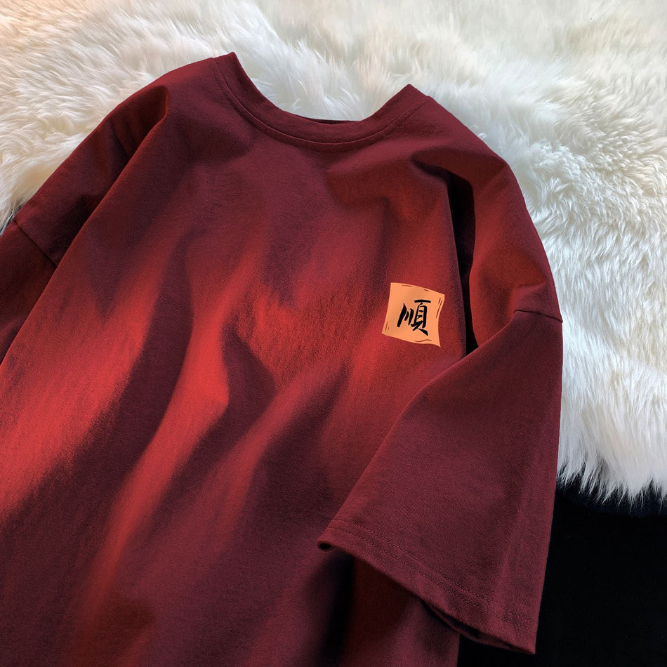 Chinese Style Wine Red Couple Summer T-Shirt