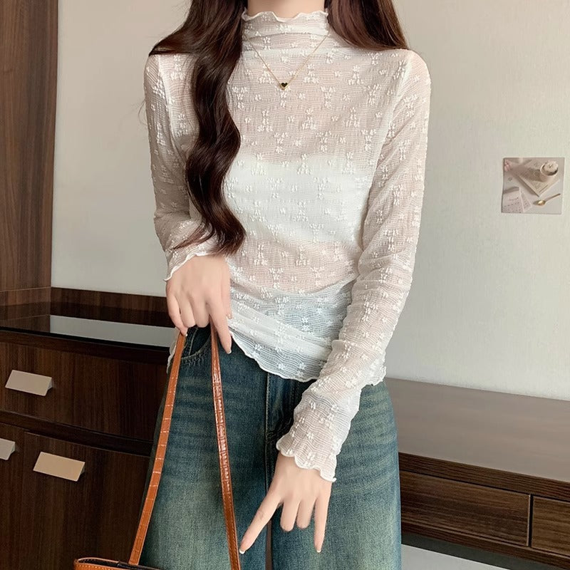 Fleece Lace Half Turtleneck Slim Top for Women Winter