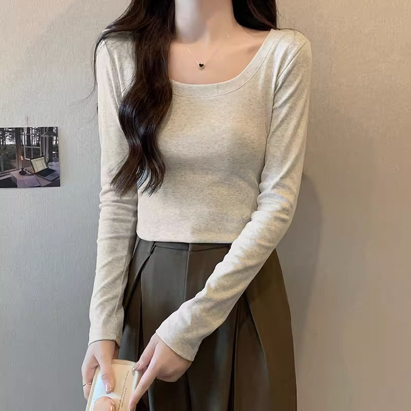 Retro Low Collar Slim Fit Long Sleeve Top for Women