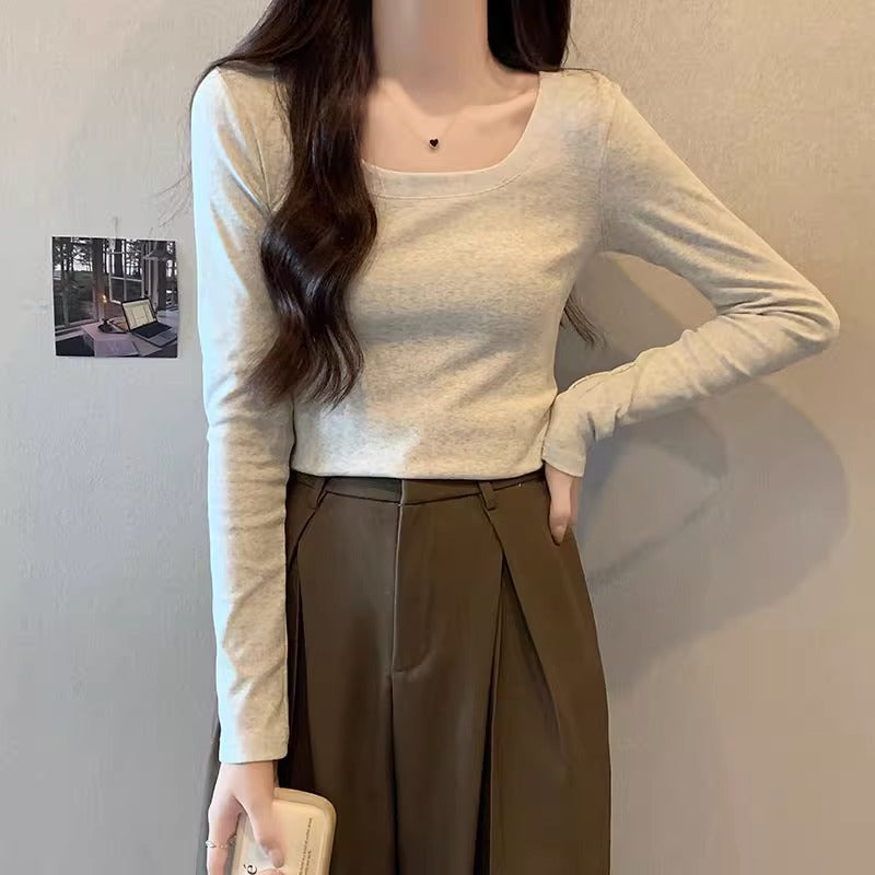 Retro Low Collar Slim Fit Long Sleeve Top for Women