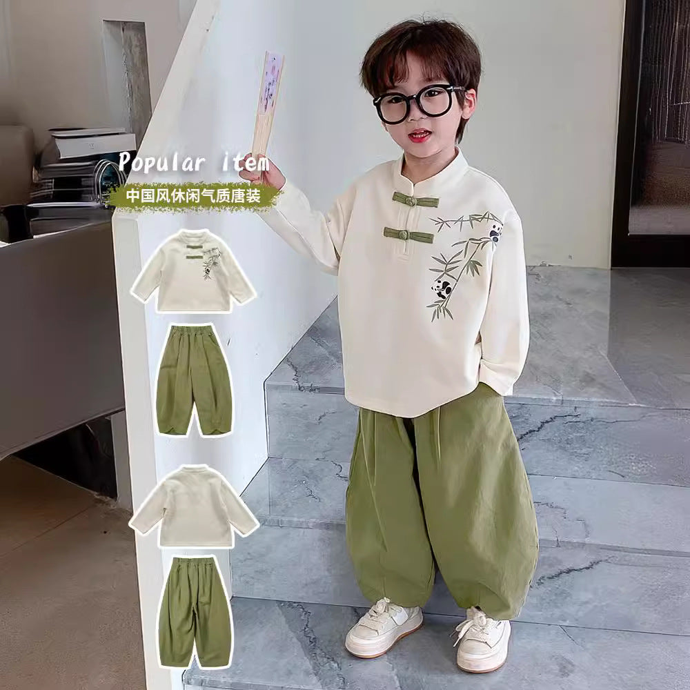 Boys 2024 Chinese-Style Spring Hanfu Two-Piece Set – Spring Autumn Kids Fashion Nepal | Tudoholic