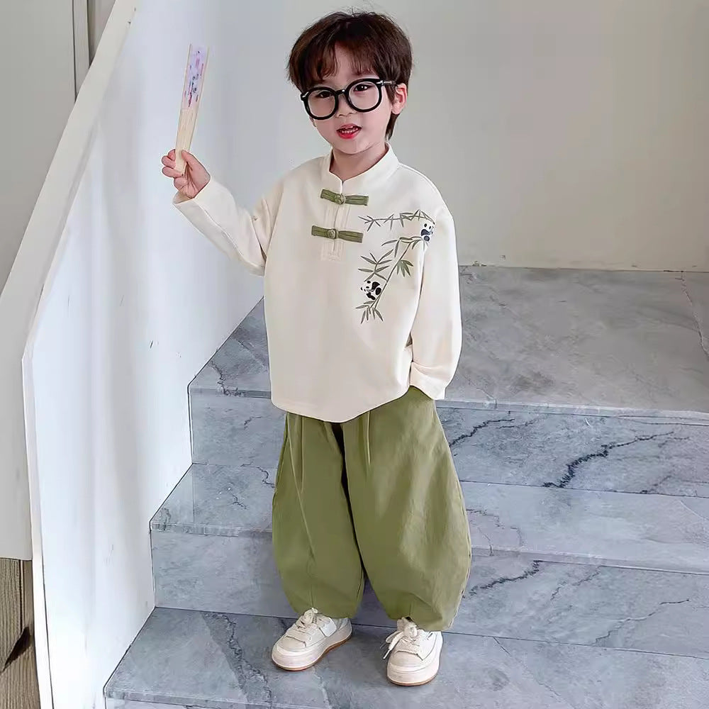 Boys 2024 Chinese-Style Spring Hanfu Two-Piece Set – Spring Autumn Kids Fashion Nepal | Tudoholic