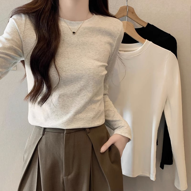 Milky White Grey Slim Fit Shoulder Long Sleeve Top