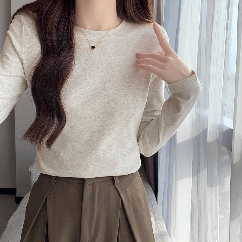 Milky White Grey Slim Fit Shoulder Long Sleeve Top